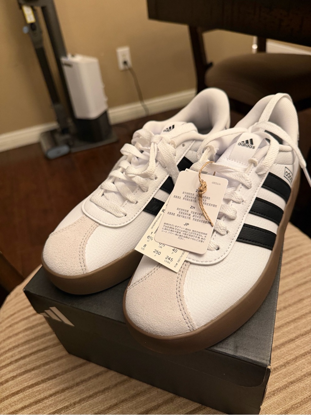 Adidas Woman’s White Sneakers with Black Stripes and Gum Sole